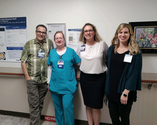 Pictured left to right: James Ingrassia, RN, OPS Manager for 5W; Linda Watson, RN; Kristin Crouse, Transition to Practice Director; Lauren Miley, DNP