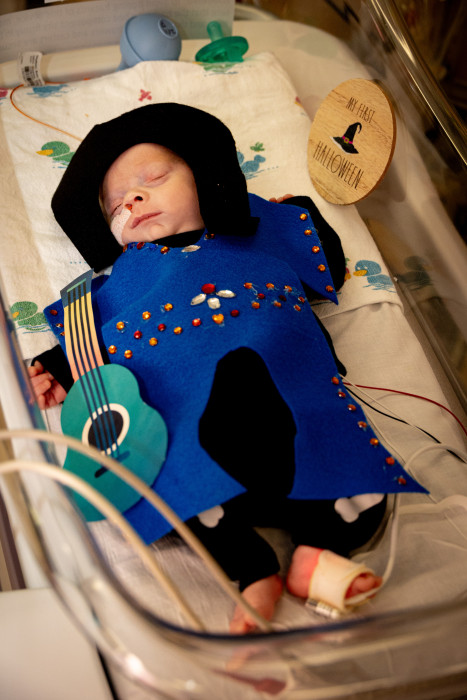 NICU patient dressed up for Halloween