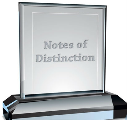 award plaque stating Notes of Distinction