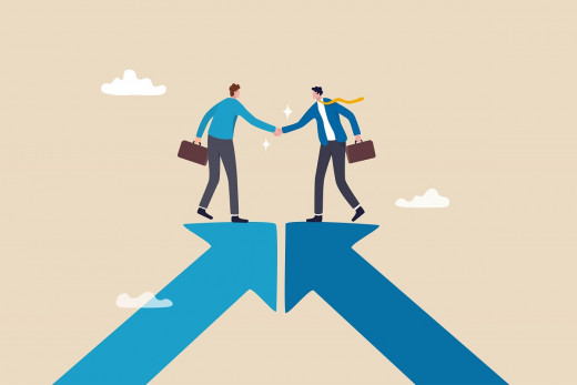 stock illustration of two figures on rising arrows shaking hands