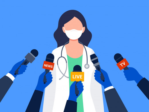 stock illustration of medical expert facing media microphones