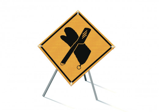 stock illustration of road sign showing cooking tools