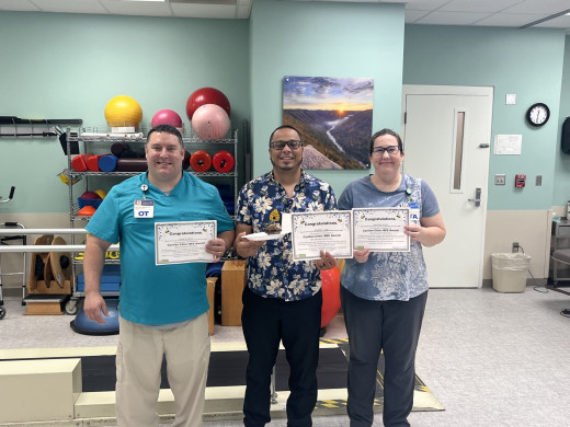 The nominees were: Scott Sutphin, OT (left); Geraldo Lugo, HAA (middle), Jennifer Amiot, PTA, (right), and Chuck Easter, RA (not pictured).
