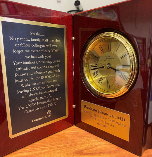 Prashant's Traditional Clock for 6 Years with CNRV Hospitalist Family! Read the Inscription!