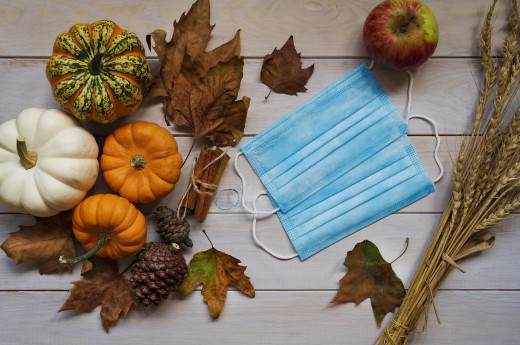Fall leaves and pumpkins with face masks