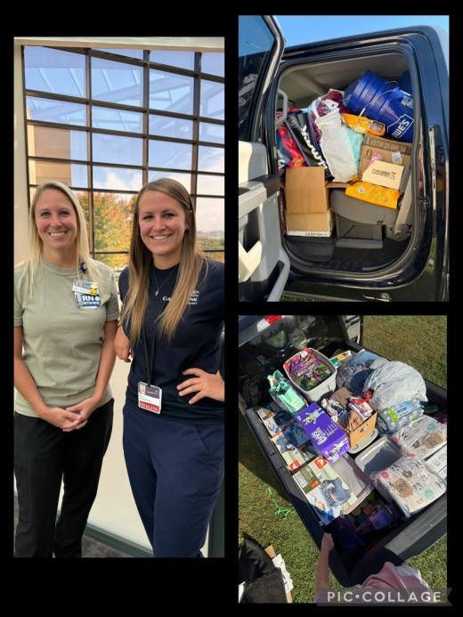 Tara Croy and Kelly Dunagan with donated items to help with relief efforts for areas affect by Hurricane Helene. 