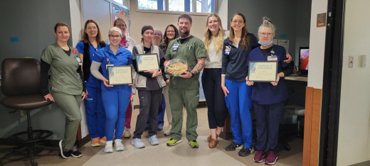 CCU poses with their HAI Free Recognition Certificates for 1 year CAUTI free, 1 year HO C. diff free and 2 years MRSA LabID free. 