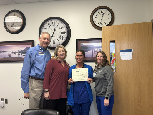 L-R Carl Cline, VP and Hospital Administrator, CFMH, Tracy McCown, Sr. Director of Nursing, CFMH, Phyllis Dalton, RN, and Amanda Robertson, Unit Director Acute Care Services