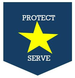 a dark blue shield with a yellow star in the center and the words protect and serve written in white
