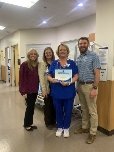 The Great Catch Award is presented to Robin Stanley, RN BSN at CTCH.  The award was presented by Alicia Bales, Senior Director, Katie Paitsel, ED Unit Director and Matt Davis, Regional Emergency Services Nursing Director.