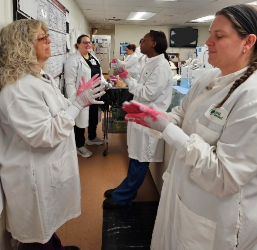 Infection Preventionist, Angela Moore, doing "Caught Red Handed" activity  with CFMH lab staff
