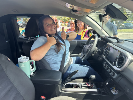 Caitlin Mitchell, Trauma Registrar, being "CarFit" to be safe in her vehicle