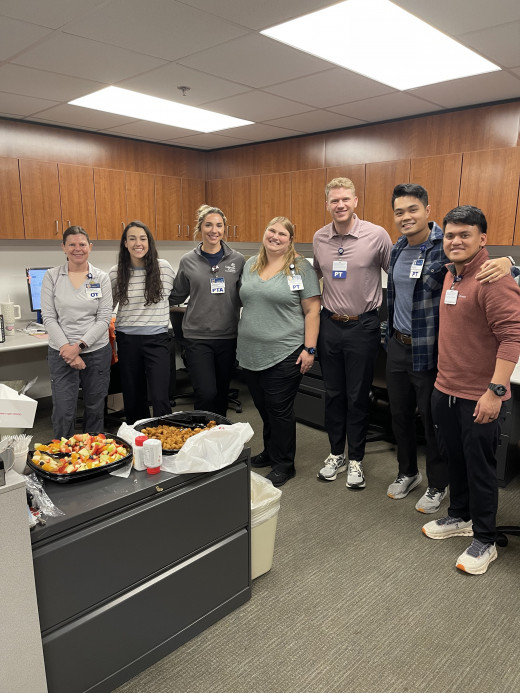 From Left to Right: Tracy Shumate OT, Paige Assaid PT, Santana Richmond PTA, Stefanie Watts PT, Ben West PT, Mitch Eng PT, RJ Ancheta Rehab Aide