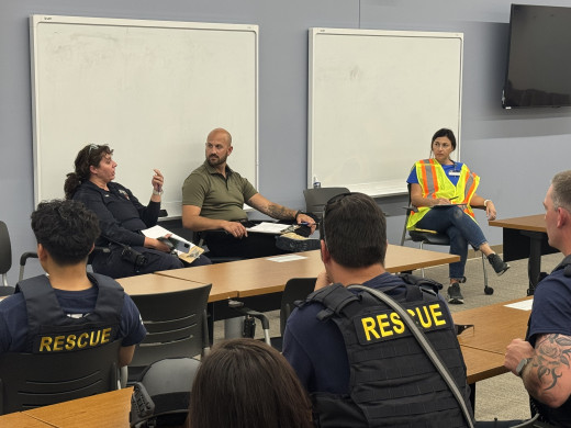Dr Davin Combs - EM, Dr Haley Rose-Inman - EM Resident, and Heather Matthews of Carilion Simulation Debrief with Roanoke County Police and EMS after first run of Rescue Task Force.