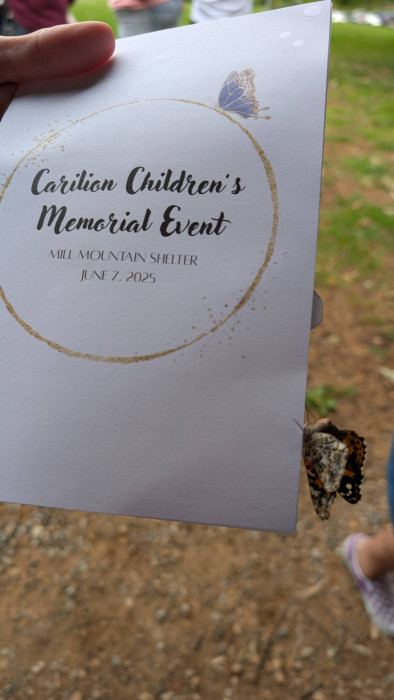 Front of our program for the Carilion Children's Memorial Event with a butterfly perched on the edge of it following the release.