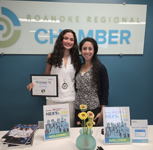 Hannah Mizuba (left) and Lisa Linger, Manager of Keeley Healing Arts Program (right) at the Junior Achievement of Southwest Virginia's 18 Under 18 Award Ceremony