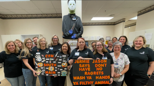 Franklin CFM South Main- Jermie Jason — a nod to the classic horror character — warning everyone:  “Don’t have no ragrets. Wash ya’ hands, ya’ filthy animals!” A perfect blend of humor, Halloween spirit, and hygiene awareness! 🎃