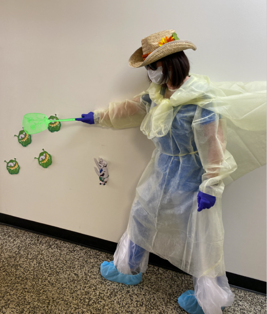 Franklin's Keri is dressed in her finest PPE to help Arnold squash the germs from Home Health.