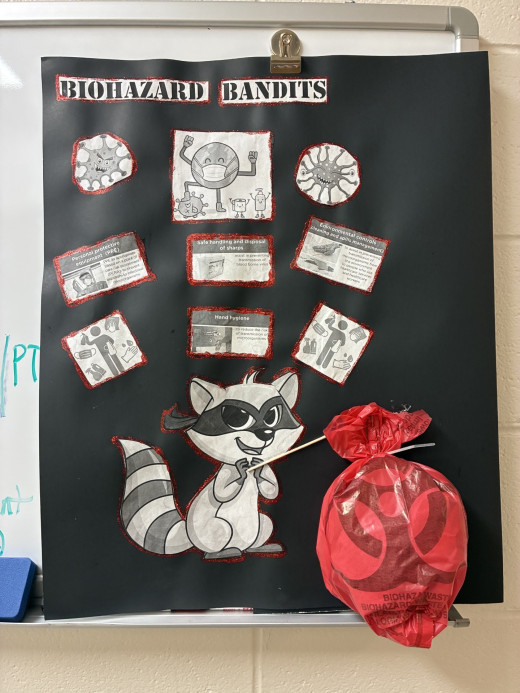Tazewell's Biohazard Bandits designed a colorful poster packed with infection prevention reminders and a cute raccoon bandit mascot, complete with a hobo-style stick and biohazard bag bandana!