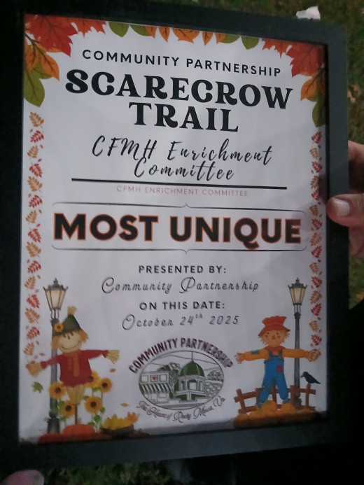 CFMH Enrichment Committee won Most Unique certificate in Community Partnership Scarecrow Trail. Thanks to Nikki Harris, ED for the creation!!