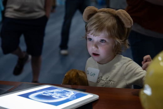 A young child looking at an X-ray on a light up box. 