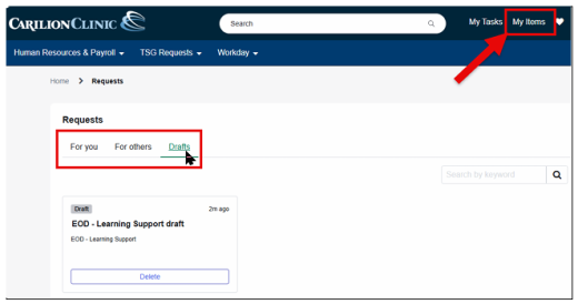 Click the My Items link in the upper right corner of the Employee Center homepage to see your requests.