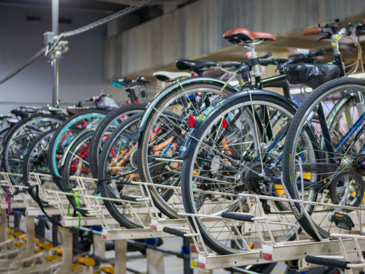 Bicycles on an indoor parking corral